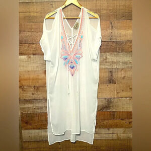 🌻 DeJaVu Sheer Open Shoulder Embroidered Cream Swim Cover-Up Women’s size Small